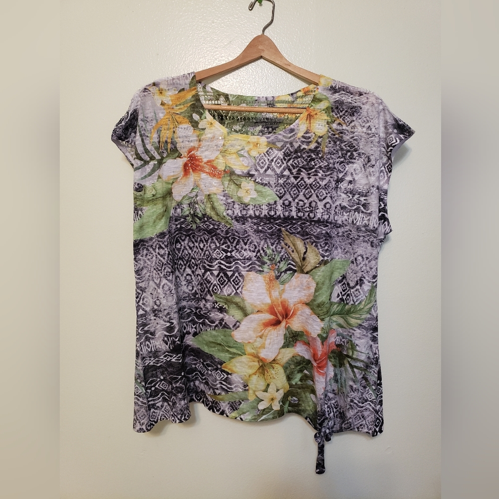 Women's yellow flowers and black patterned blouse